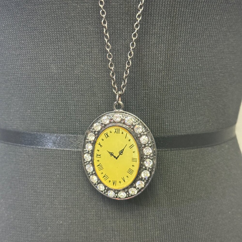 Vintage Inspired Rhinestone Oval Pendant Clock Necklace Roman Number Yellow Face